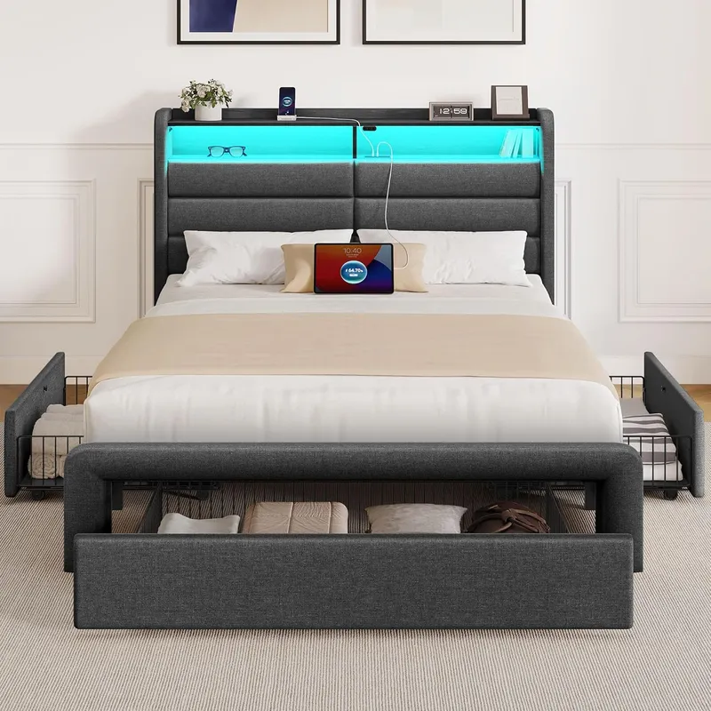 Seventable Bed Frame with 3 Storage Drawers & Charging Station