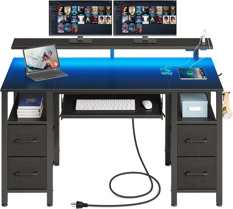 Seventable Computer Desk 47.2 inch with LED Lights & Power Outlets