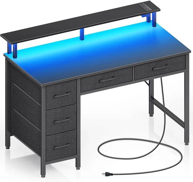 Seventable Computer Desk with Power Outlets & LED Light