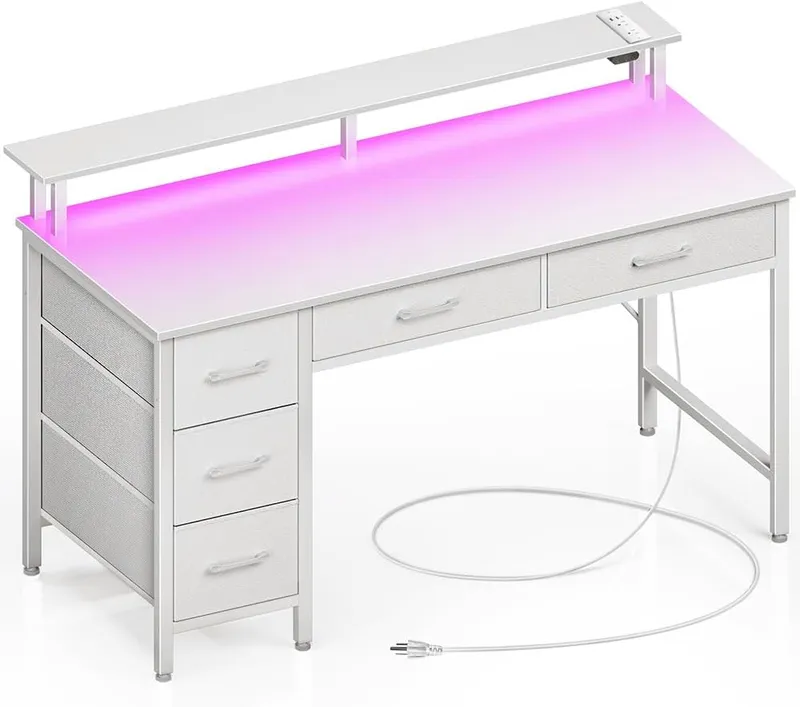 Seventable Computer Desk with Power Outlets & LED Light