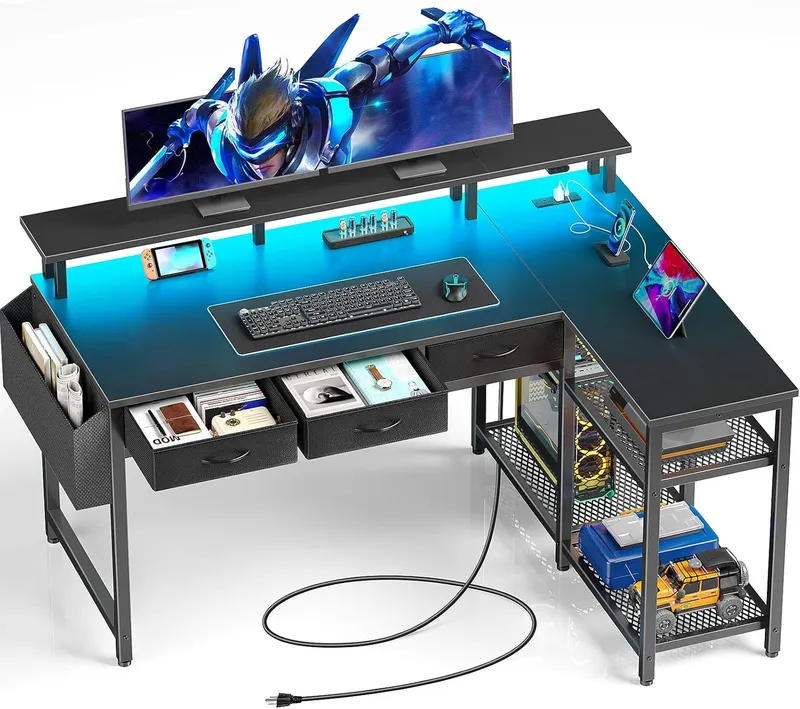 Seventable L Shaped Computer Desk with Storage Drawers and Shelves