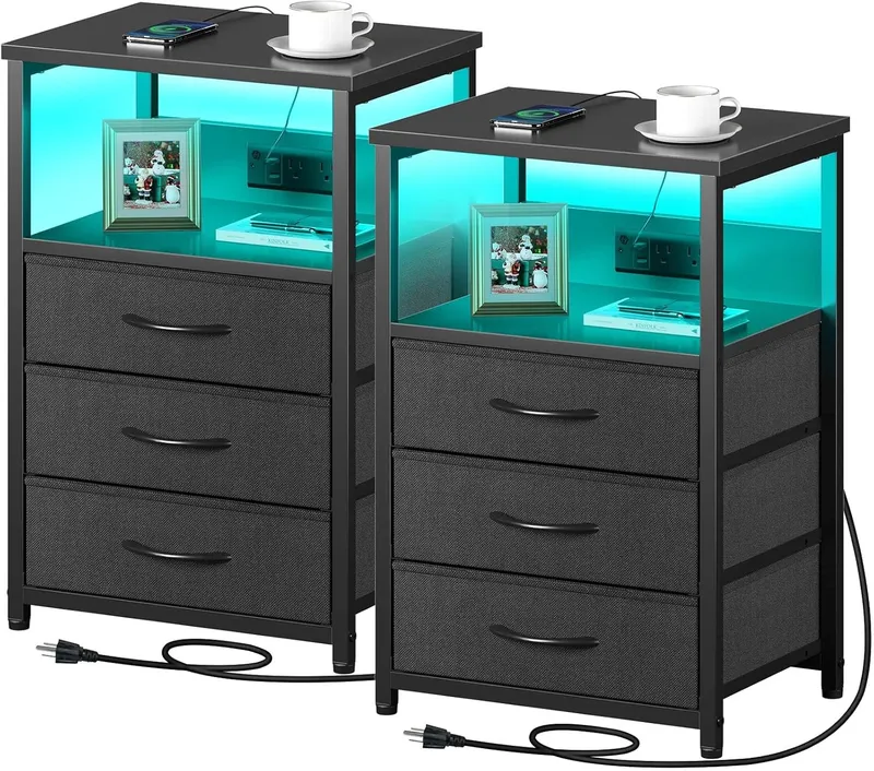 Seventable Nightstand with Charging Station and LED Light